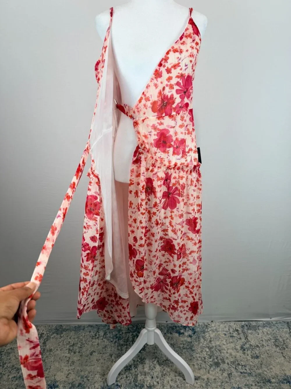 Lulus Womens Size S Pink Floral Wrap Midi Dress Ruffle Sleeveless NWT - Picture 7 of 16